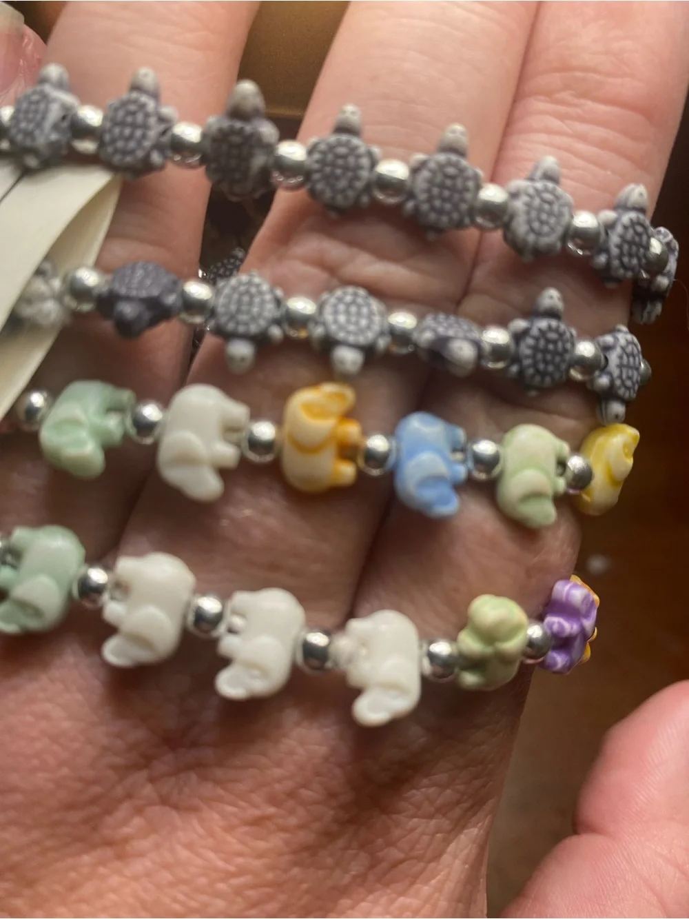 Pack of 4 Multicolor Elephant & Gray Turtle Bead Stretch Bracelets kids or adult